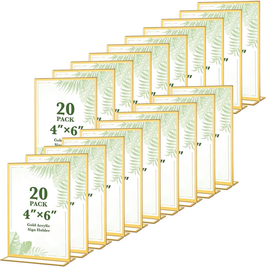 20 Pack Gold Acrylic Sign Holders 4x6 Inch, Double Sided Vertical Stand Clear Picture Frames, Table Menu Display Holders for Wedding Table Numbers, Restaurant Signs, Party and Office Photos
