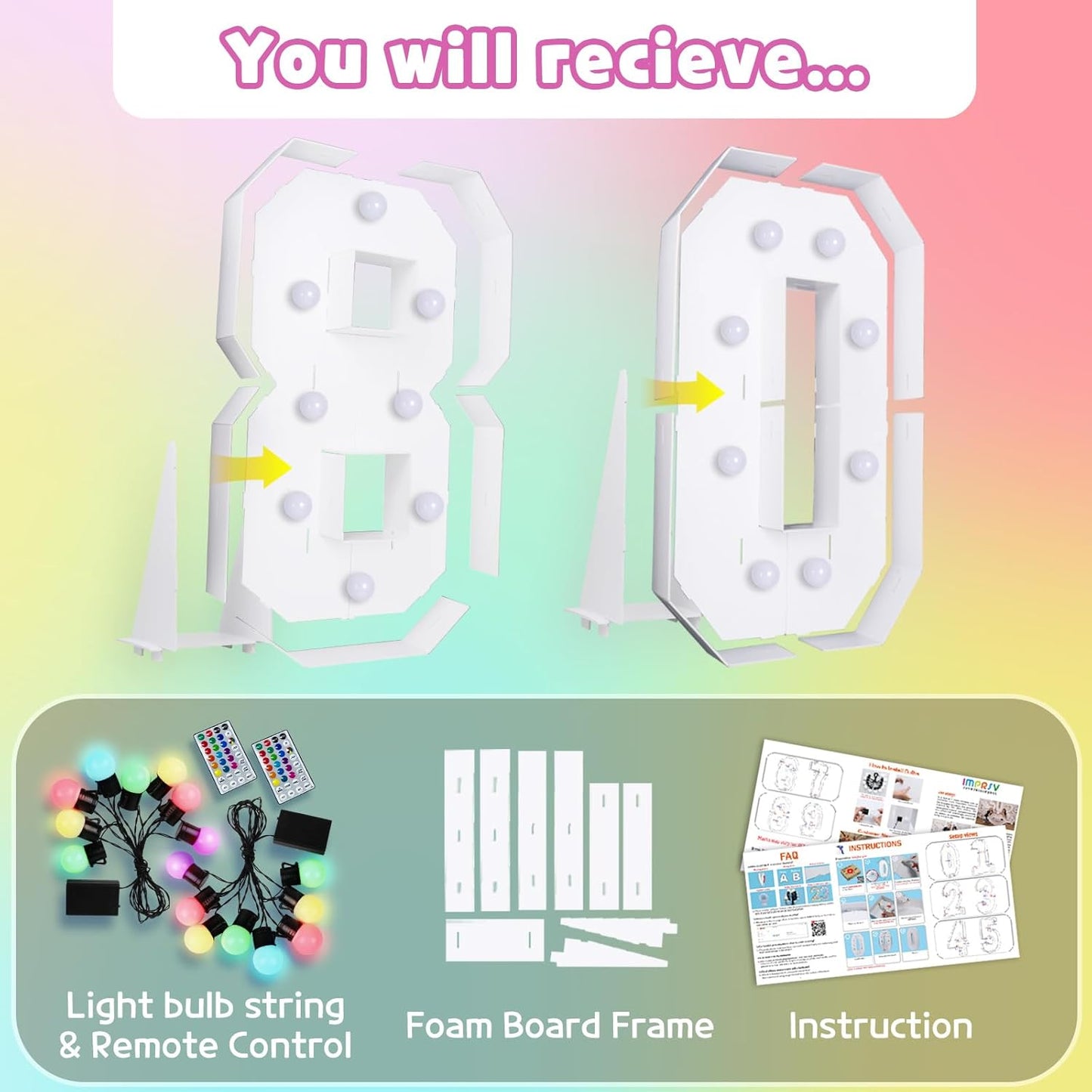 Marquee Numbers 80th-Birthday Decoration: Colorful 4FT Large Light Up 80 Year Old Birthday Decorations Anniversary Backdrop for Boys Girls Cardboard Sign 18 Colors Number 80 Mosaic Balloon Frame