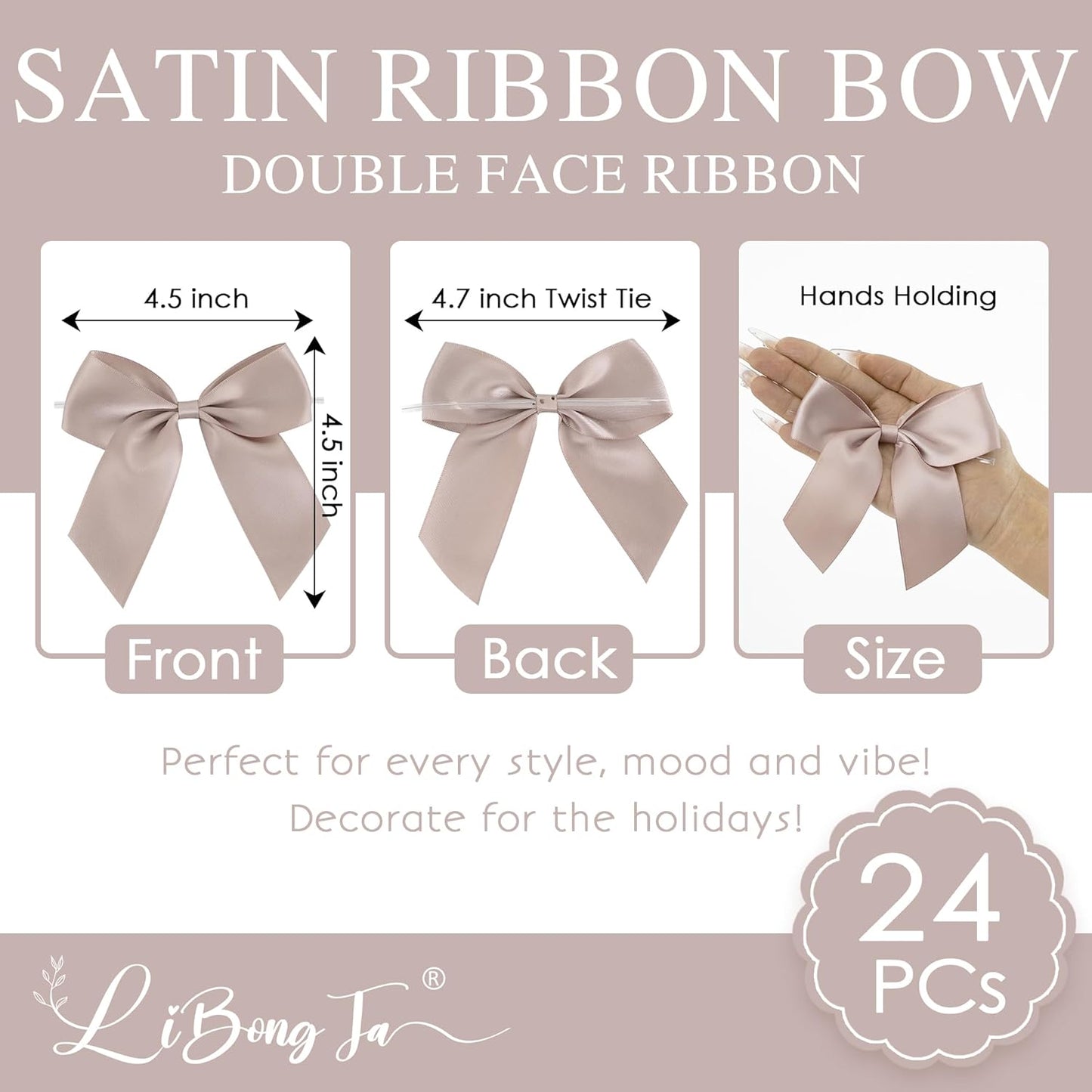 4.5" Satin Ribbon Dusty Rose Bows for Gift Wrapping, Twist Tie Bows, Cute Bows for Crafts, Party Favors, Premade Bows Pre-Tied Decorative Bows for Flower Bouquets Candy Apple Bows-24 Counts