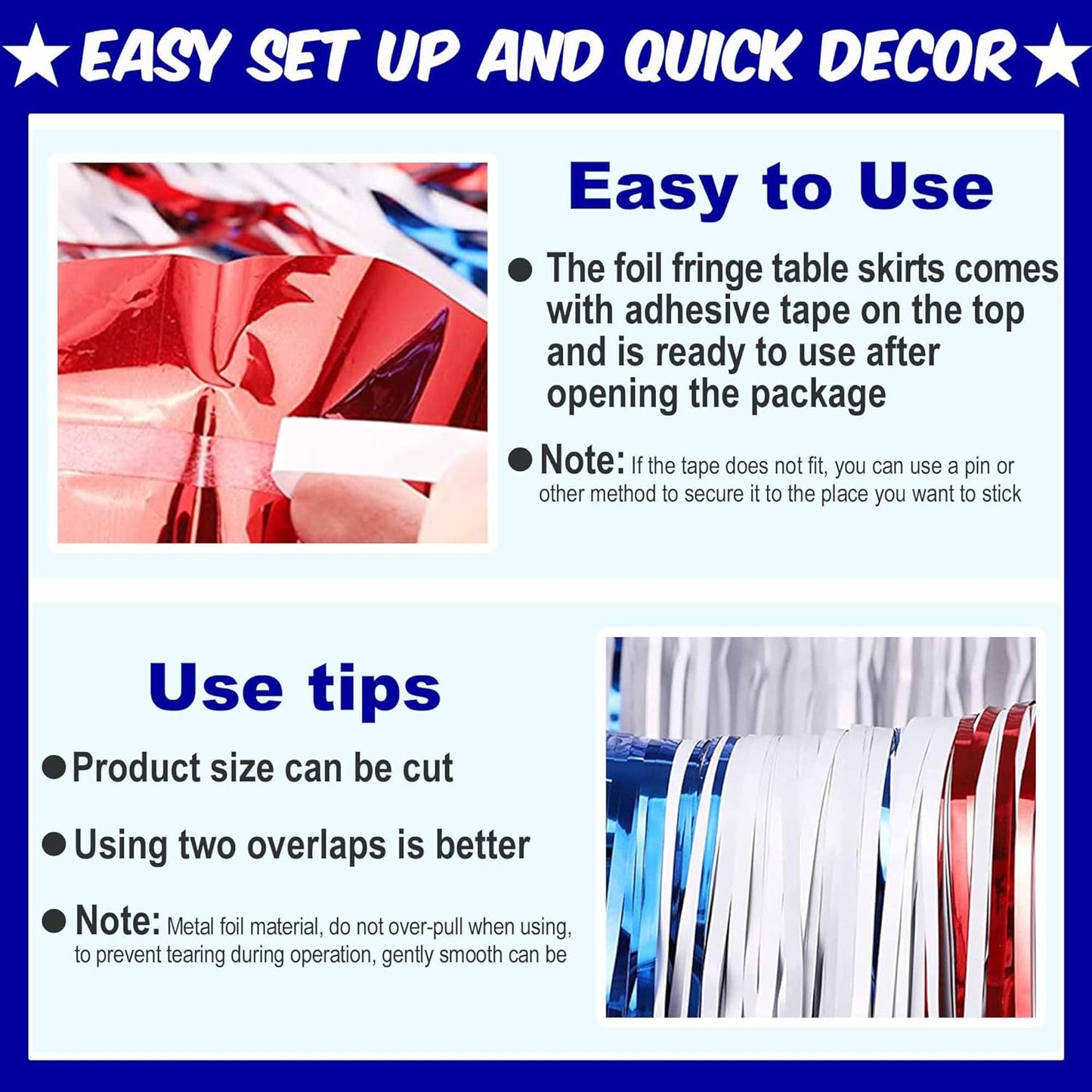 3 Pack White Blue Red Foil Fringe Table Skirts Metallic Tinsel Streamers Garland Banner Backdrop for Table Decor, Parade Float, Birthday, Wedding, Halloween, Christmas Party Decorations(29x108 In)