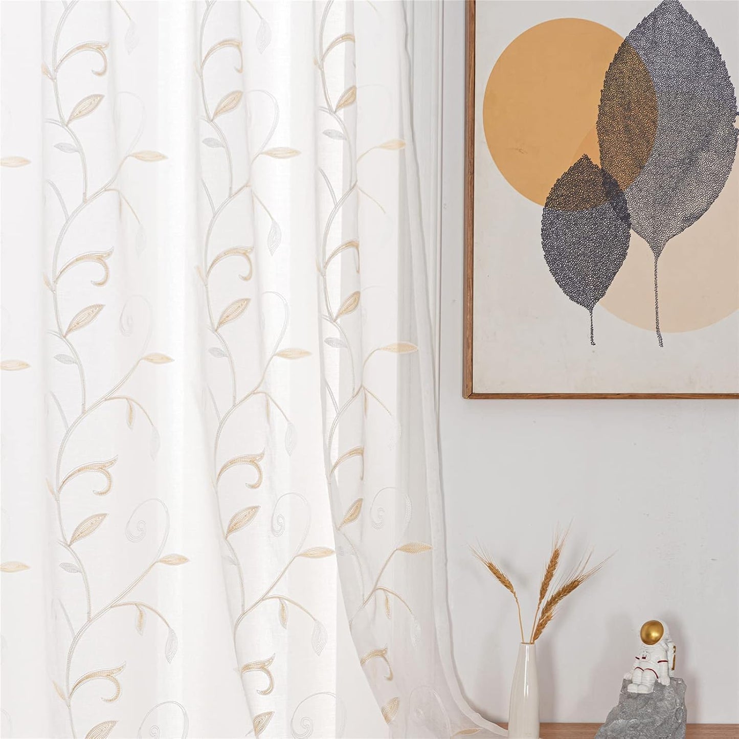 VISIONTEX White Sheer Voile Curtains, Decorative Beige Leaves Embroidery Faux Linen Rod Pocket Window Drapes for Home Kitchen, Living Room and Bedroom 54 x 108 Inch, Set of 2 Curtain Panels