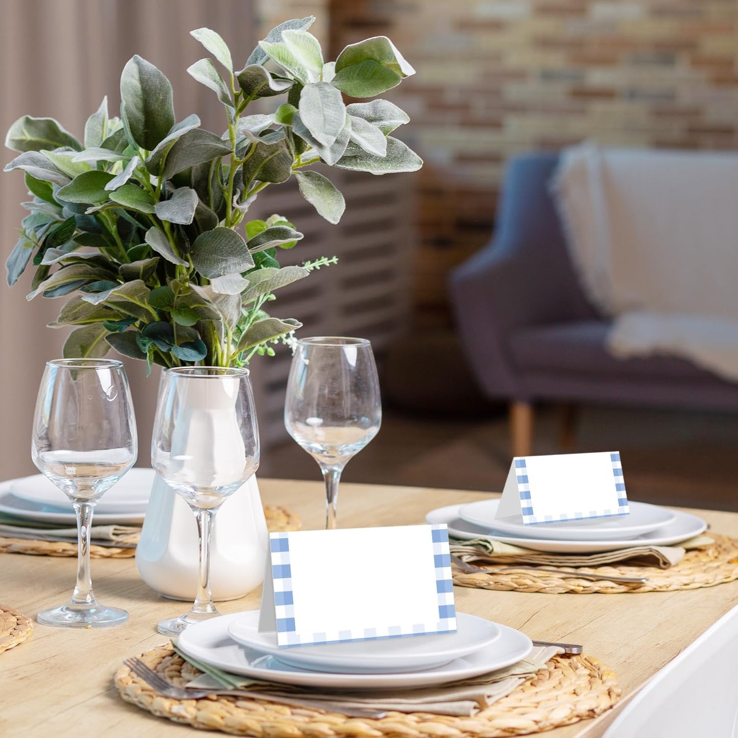 25 Pack Blue Border Place Cards, Editable Name Cards for Table Setting, Tent Cards Food Label for Dinner Party, Bridal Shower, Wedding, Baby Shower and Events -T02