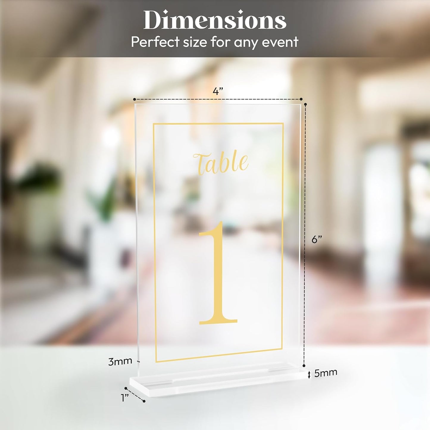 Acrylic Table Numbers 1-20 with Stand, Printed Gold Font on 4x6 inch Acrylic, Clear Table Number Signs and Holders, Centerpiece for Events, Weddings, Reception, Party, Anniversary, and Decoration