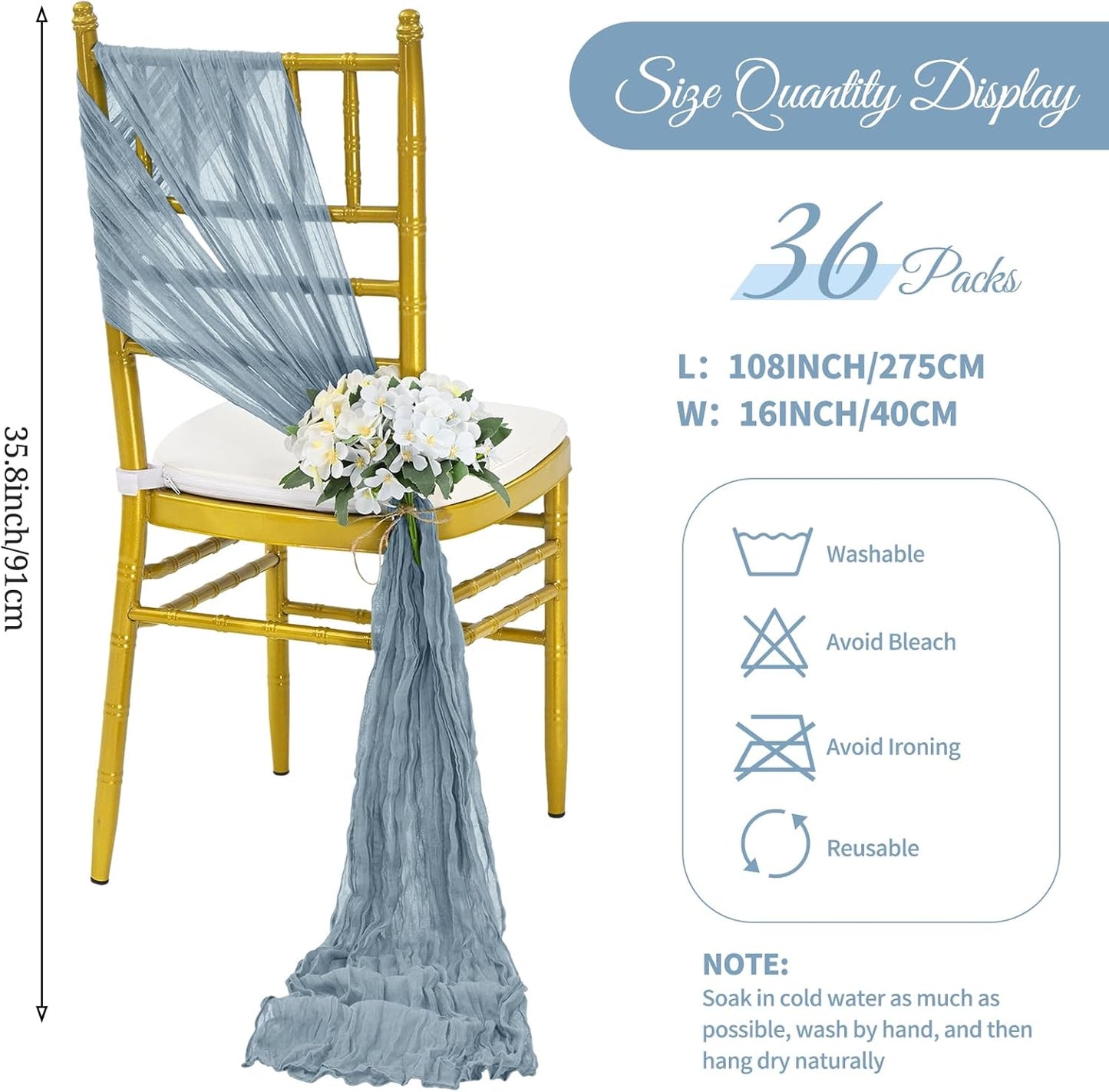 36 Pcs Dusty Blue Cheesecloth Chair Sashes, 16 x 108 inch Gauze Fabric Washable Chair Sashes Bows Designed for Aisle Decorations Universal Chair Cover Decor for Wedding Reception Party Banquet