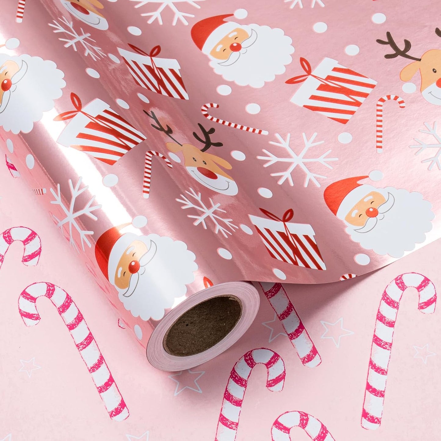 LeZakaa Christmas Pink Wrapping Paper Jumbo Roll, Santa Claus & Candy Cane, Metallic Foil, Rose Gold Foil Reversible Design for Festive Winter Holiday, Family Gathering, 30 inches x 100 Feet