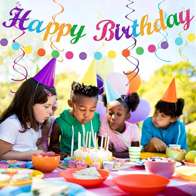 Rainbow Friends Colorful Birthday Party-decorations - 21pcs Girls Boys Happy Banner Garland, Paper Streamers Lanterns,Flower Tissue Pom Poms Fan Supplies,Wall Backdrop Decor Huglony