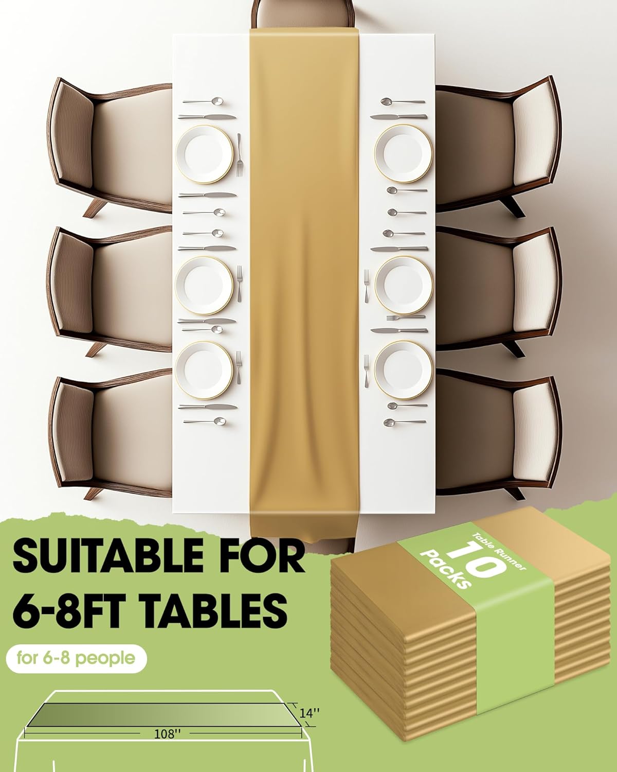 Pureegg Gold Plastic Table Runners - 10 Pack, 14'' x 108'', Water Resistant & Disposable Centerpiece Decorations for Table Cloth, Wedding, Birthday, Holiday, Baby Shower, Party, Home Decor