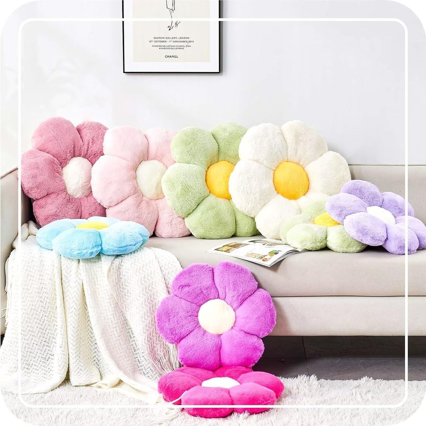KCVCVR Cute Blue Flower Shaped Throw Pillow with Faux Rabbit Fur, 14.9" Soft Plush Floor Pillow for Bedroom/Living Room