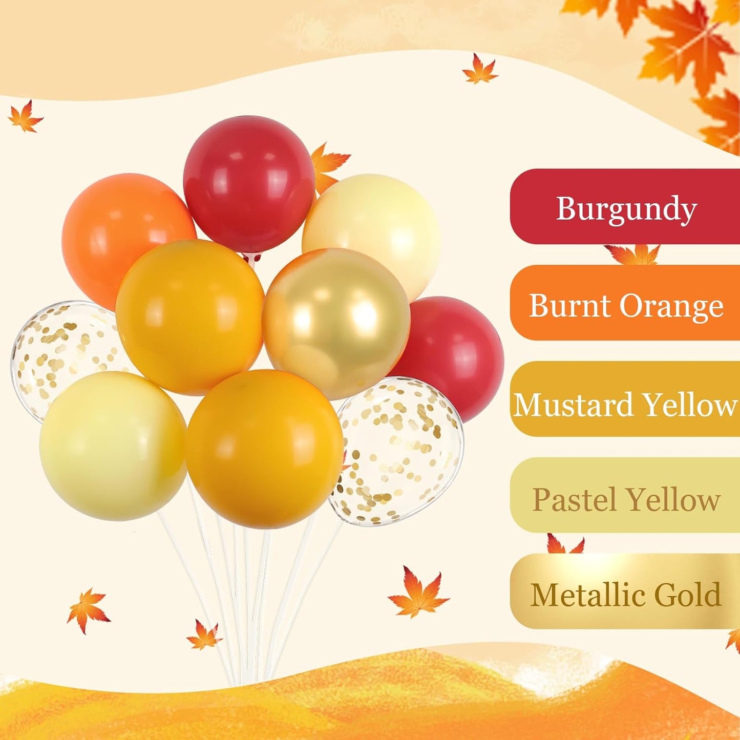 60pcs 12inch Fall Thanksgiving Balloons with Burgundy Burnt Orange Pastel Mustard Yellow Metallic Gold Confetti Autumn Balloons for Fall Thanksgiving Pumpkin Baby Shower Birthday Party Decorations