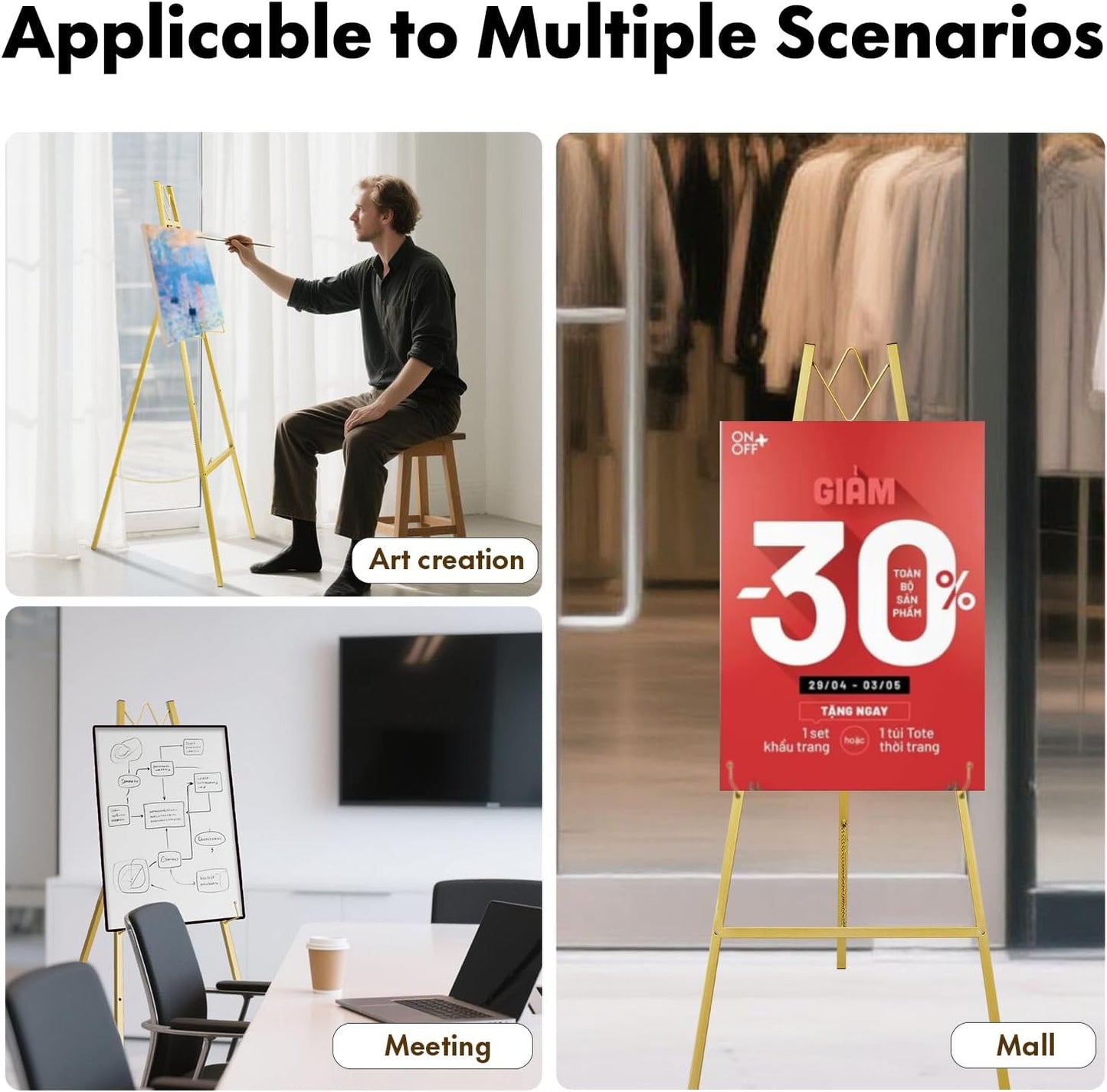 WATIHERE 57.5" Gold Easel Stand for Wedding Sign – 4 Adjustable Height Levels, Assembly Required, Heavy Duty Metal Display Stand for Art, Paintings, Posters, Pictures, and Home Décor