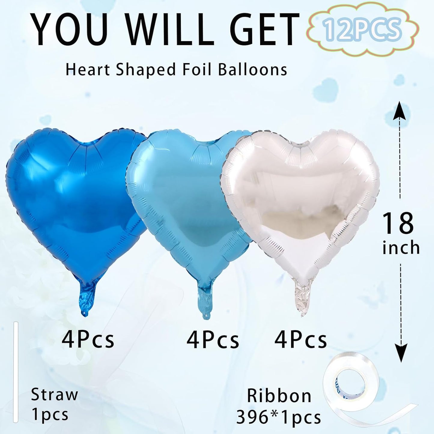 Silver Heart Balloons,18inch Bright Blue Heart Shaped Foil Balloons & Blue Helium Mylar Balloon for Anniversary Wedding Engagement Birthday Party Baby Shower Decorations(12Pcs)