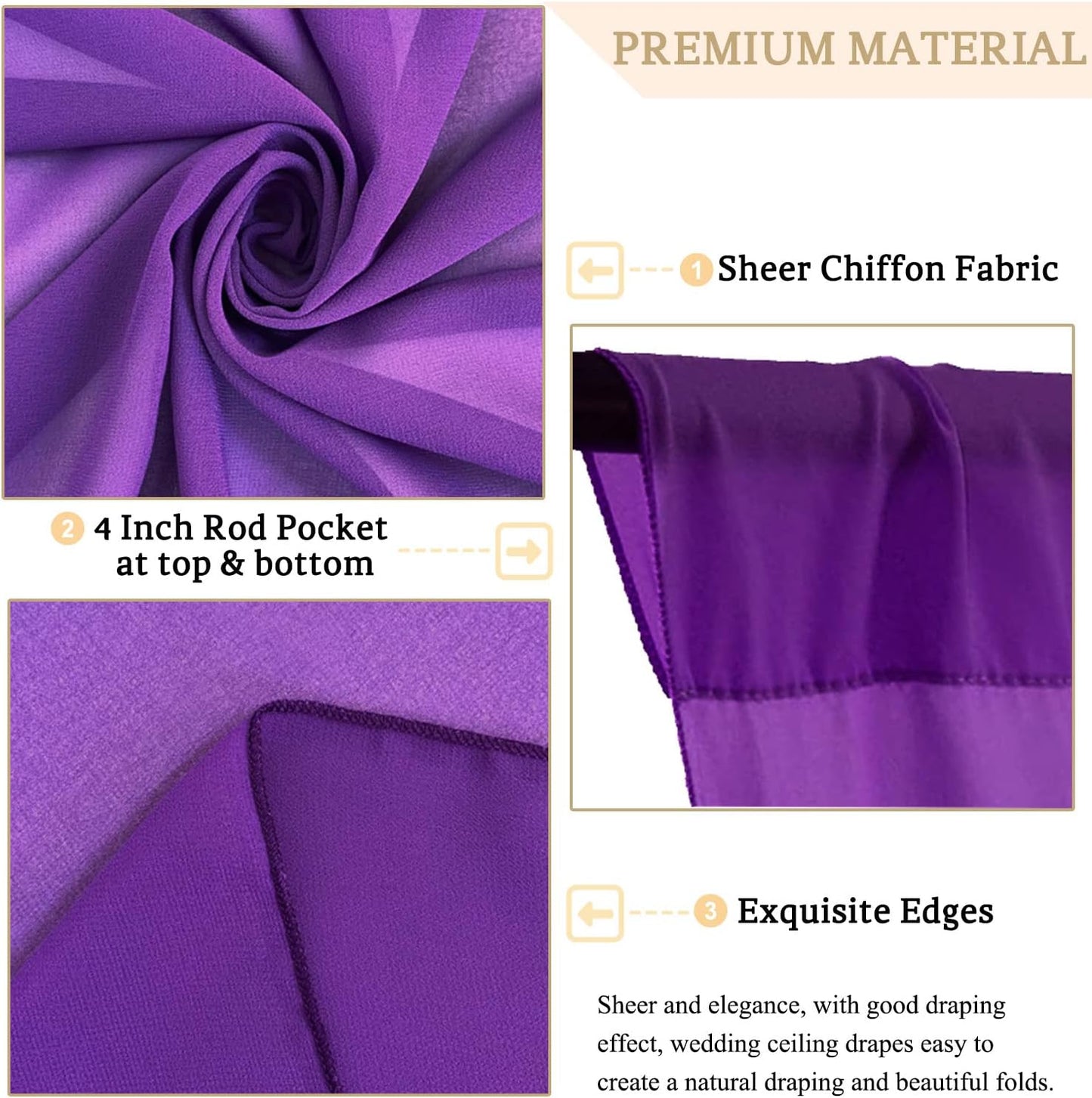 MODFUNS Purple Ceiling Drapes for Weddings Arch Drapery Fabric 6 Panels 5x30ft Chiffon Sheer Fabric Draping Tulle Wedding Curtain Drapes Ceiling Panels for Holiday Birthday Ceiling Supplies