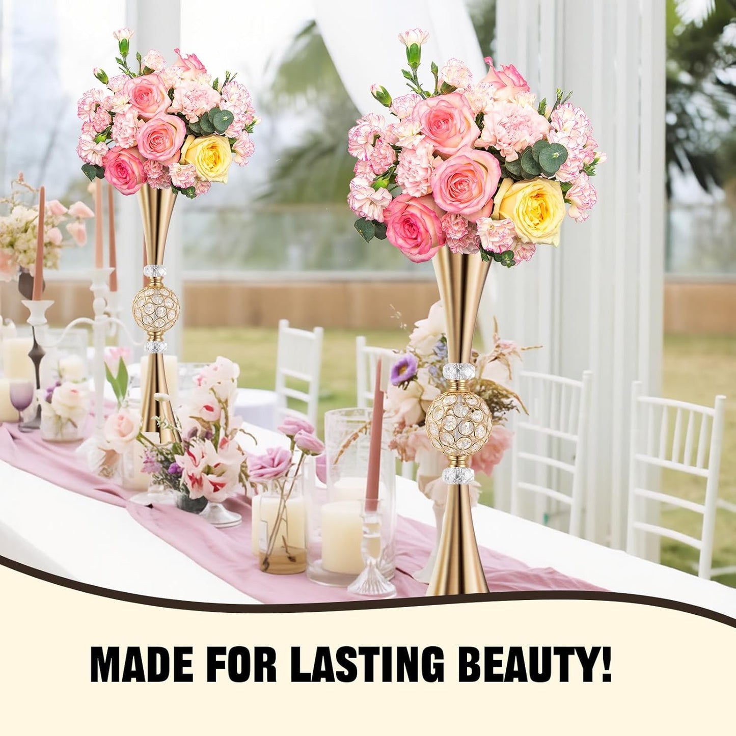 VIJIV Gold Tall Crystal Flower Vases for Centerpiece - 28'' Large Trumpet Vase for Bouquet Skinny Decorative, Table/Floor Vase Flower Stand for Party Event, Dining Table Décor, Bridal Shower, Wedding