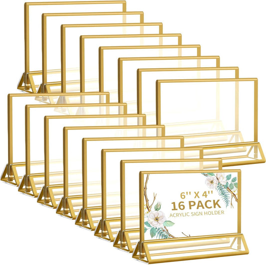 Smarpau 6x4 Gold Acrylic Sign Holder, 16 Pack Wedding Table Number Holders with Horizontal Stand, Double Sided Photo Picture Frames Stands, Flyer Stand, Paper Display Stand for Cafe, Restaurant