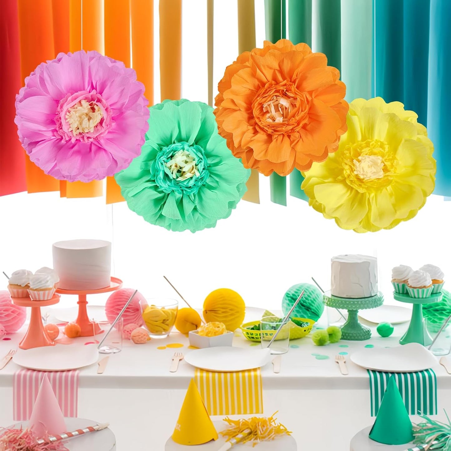 SUNBEAUTY Giant Colorful Paper Flowers Party Decorations 20" Large Fiesta Bulletin Board Tissue Pom poms Room Wall Decor for Birthday Wedding Bridal Babyshower Backdrop Hanging Tea Party Supplies