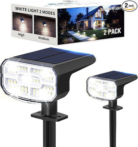 Solar Lights Outdoor Waterproof IP65, Super Bright LED, 6500K 2 Lighting Modes, Solar Powered Yard Garden Solar Spot Lights for Outside Landscape Auto On/Off -6500K,2 Pack