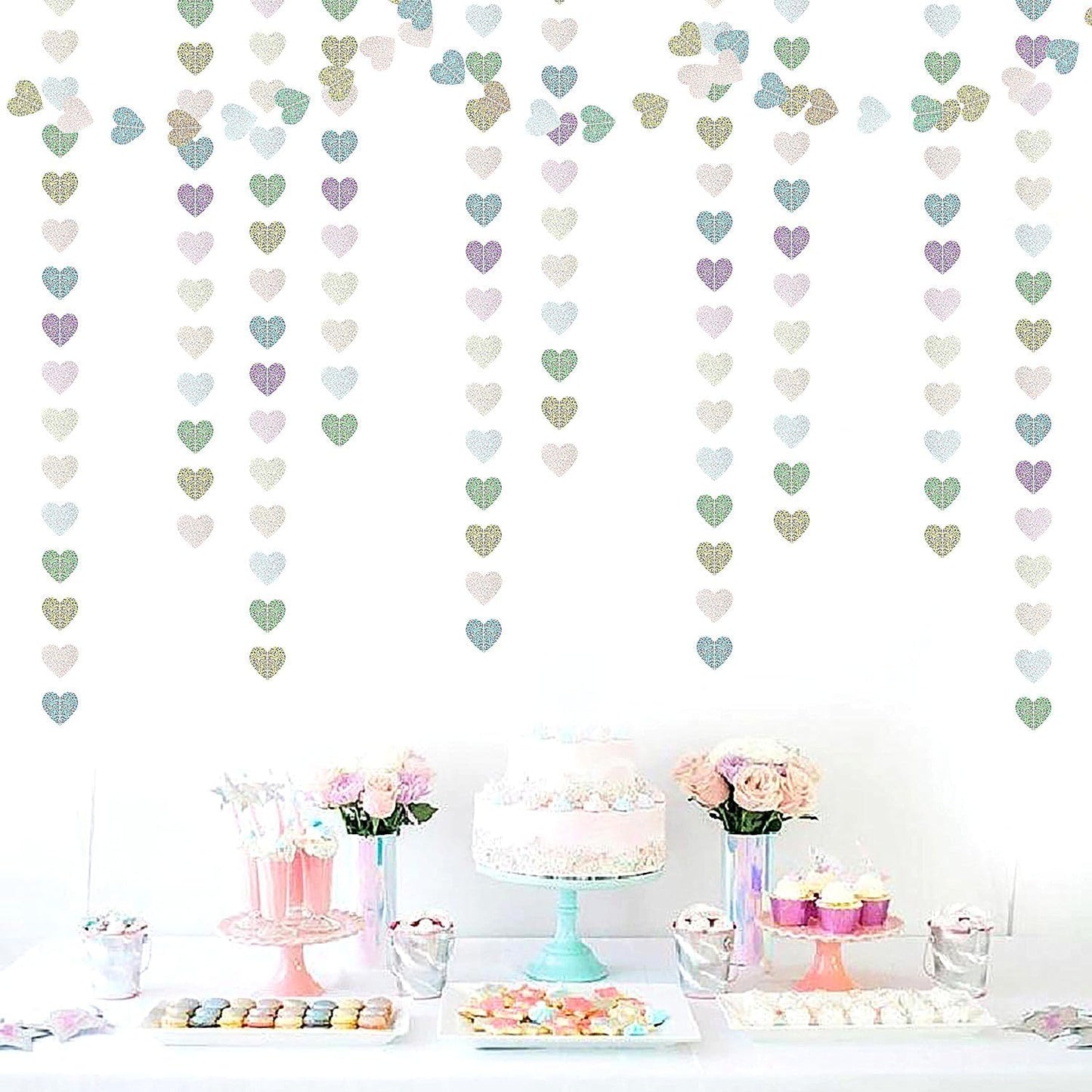 Iridescent Disco-Holographic Party-Decorations Heart Streamers-Garland - 52ft Glitter Dance Hanging Paper Banner, Wedding Bachelorette Birthday Euphoria Galentines Decor Hugfond