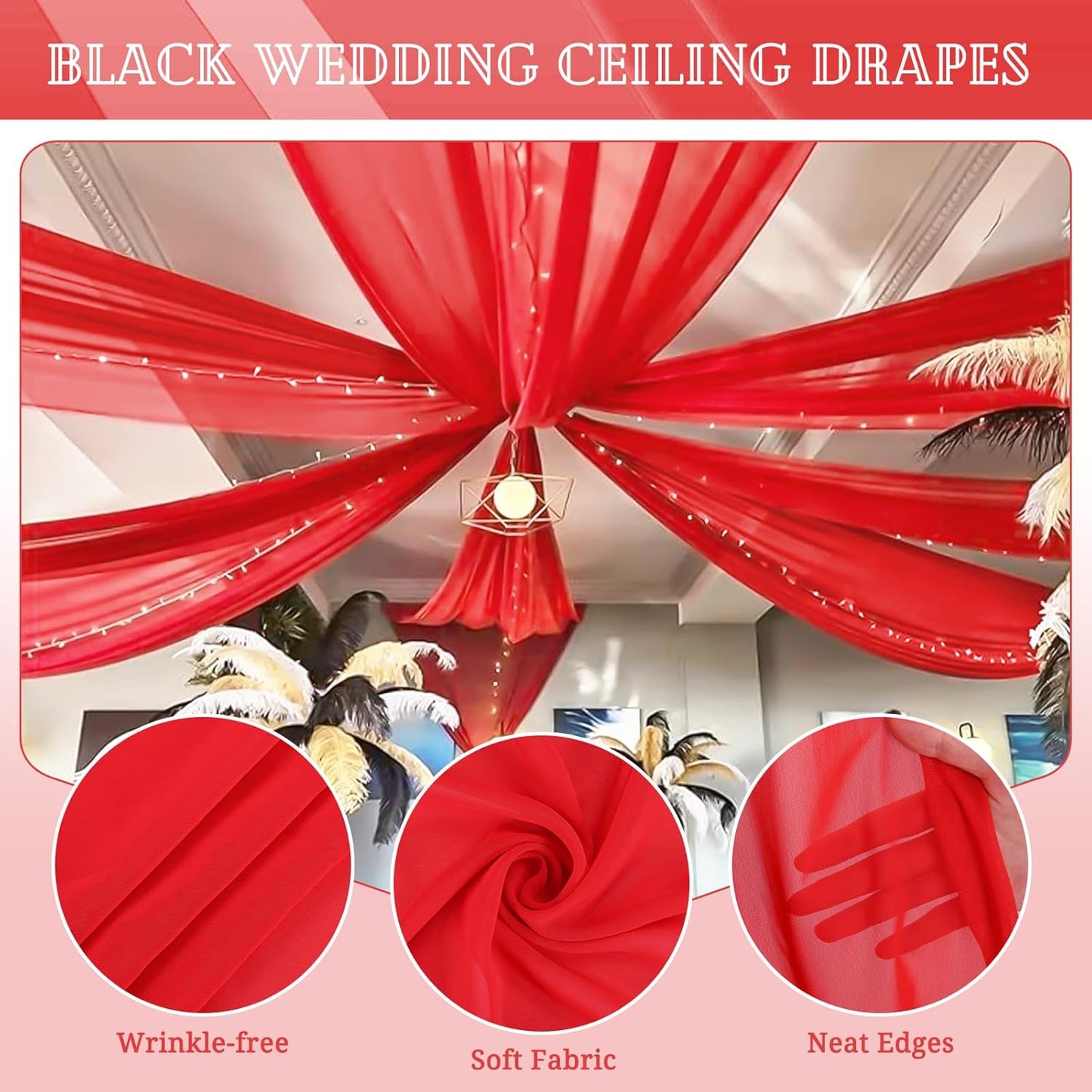 6 Panels Red Ceiling Drapes for Wedding 5ftx30ft Chiffon Fabric Arch Draping Curtains Sheer Drapery for Party Ceremony Birthday Baby Shower Reception Stage Swag Ceiling Decorations