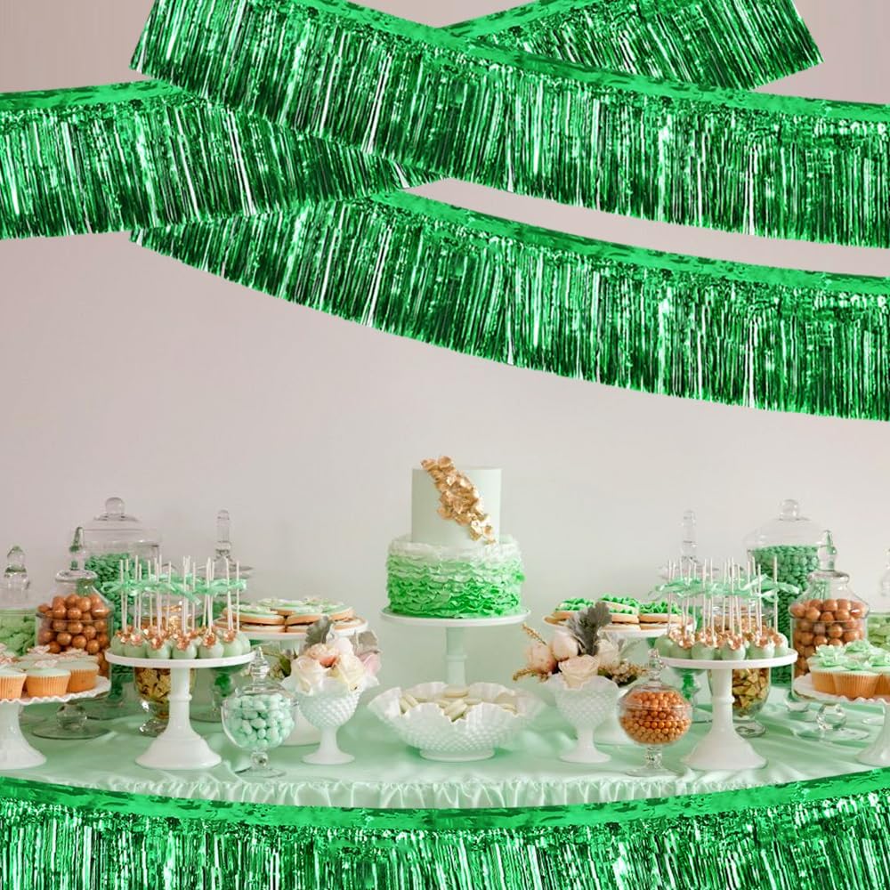 BEISHIDA 3 Packs Metallic Foil Fringe Garland Green Wall Hanging Tinsel Fringe Banner for Halloween Christmas Car Floats Bridal Shower Wedding Birthday Easter Graduation Holiday Party Decoration 30 Ft