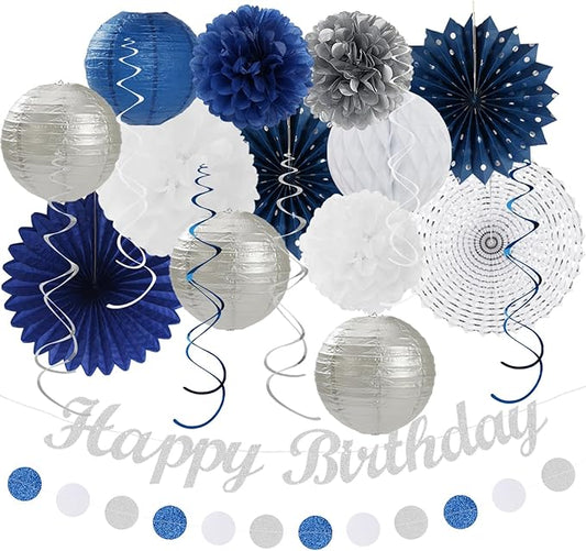 Navy-Blue White Sliver Birthday Party-decorations - 21pcs Men Boys Adult Happy Banner Garland, Royal Paper Streamers Lanterns,Flower Tissue Pom Poms Fan Supplies, Wall Backdrop Decor Huglony