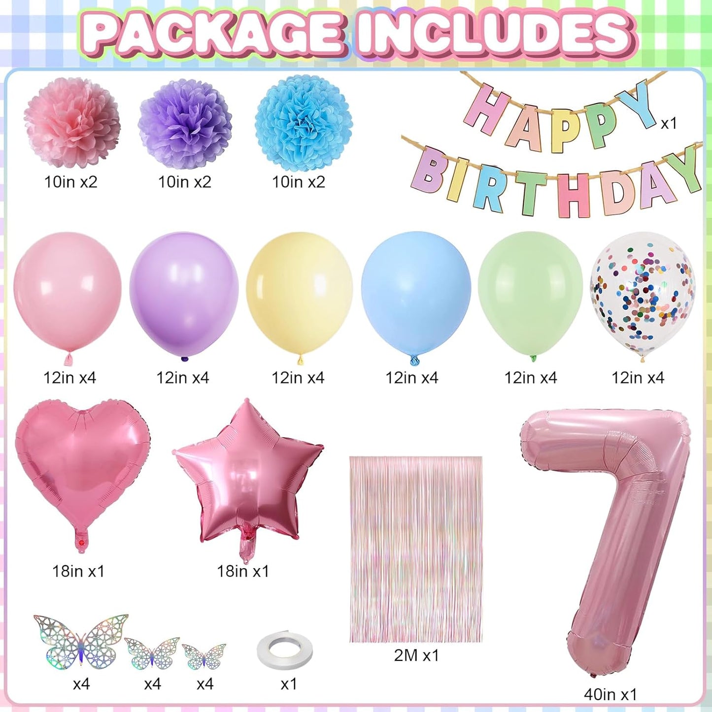 Pastel 7th Birthday Party Decorations for Girls Number 7 Balloon Happy Birthday Banner Butterfly Stickers Fringe Curtain Paper Pom Poms Macaron Pink Star Heart Foil Colorful Balloons 7 Year Old Decor