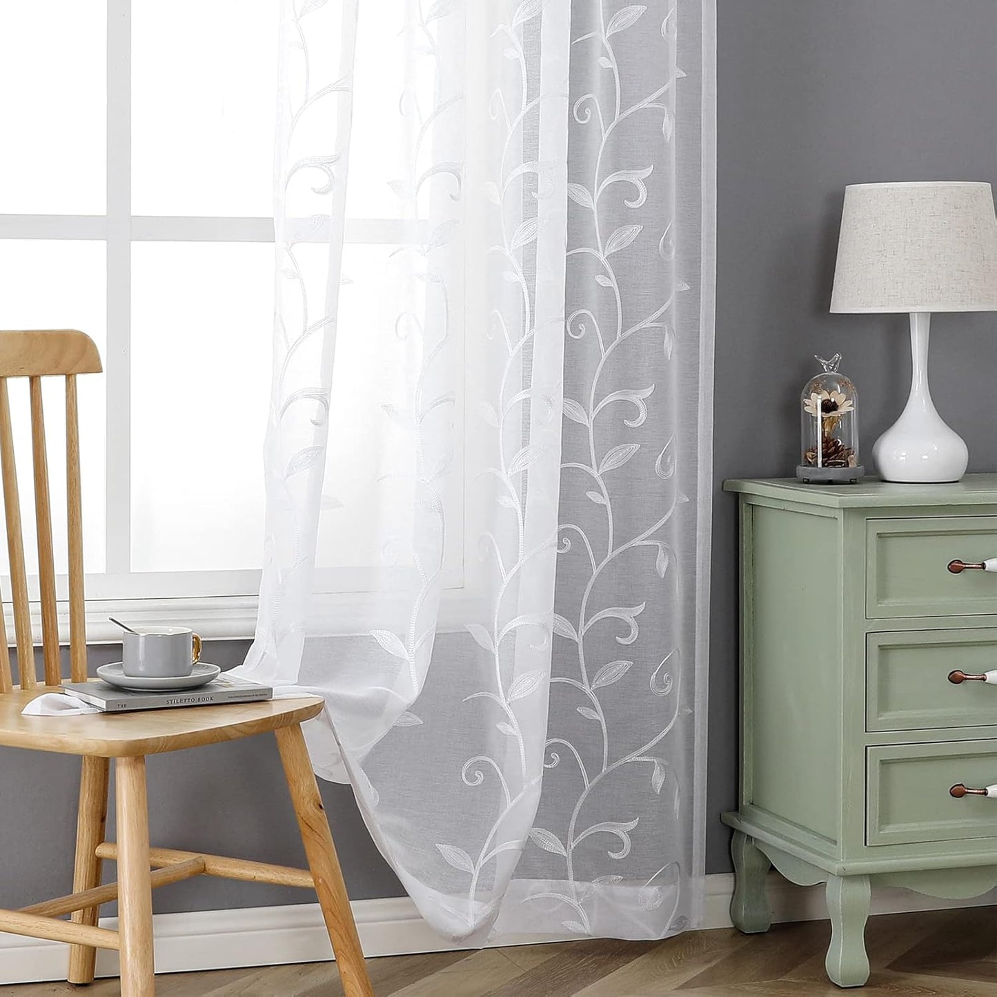 VISIONTEX White Leaves Sheer Voile Curtains, Decorative Embroidery Rod Pocket Window Drapes for Home Living Room and Bedroom 54 x 84 Inch, Set of 2 Curtain Panels