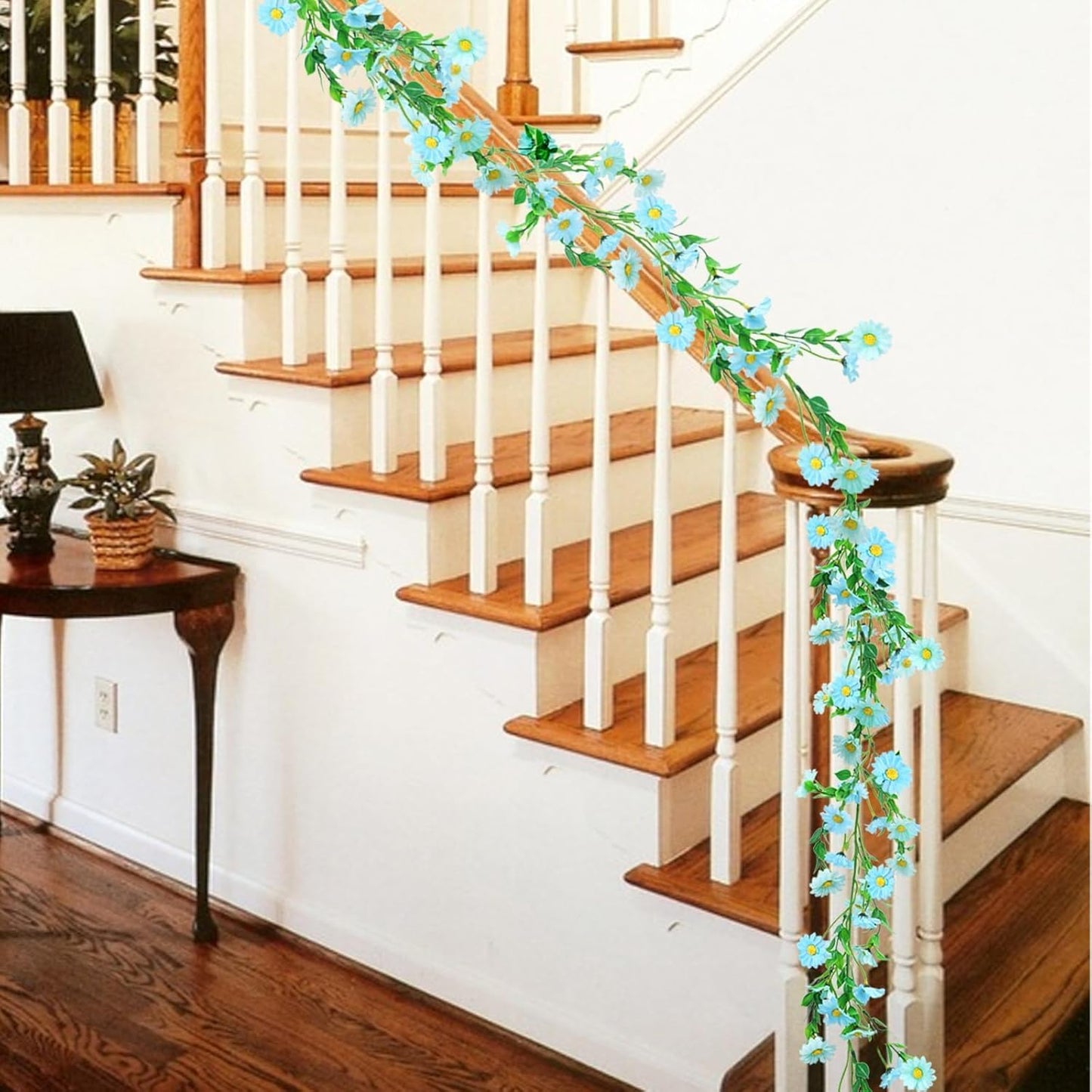 6.5Ft Artificial Blue Flower Garland Fake Daisy Floral Garland Hanging Flowers Silk Vines with Green Leaves for Backdrop Arch Wall Home Indoor Tiffany Blue Wedding Decor