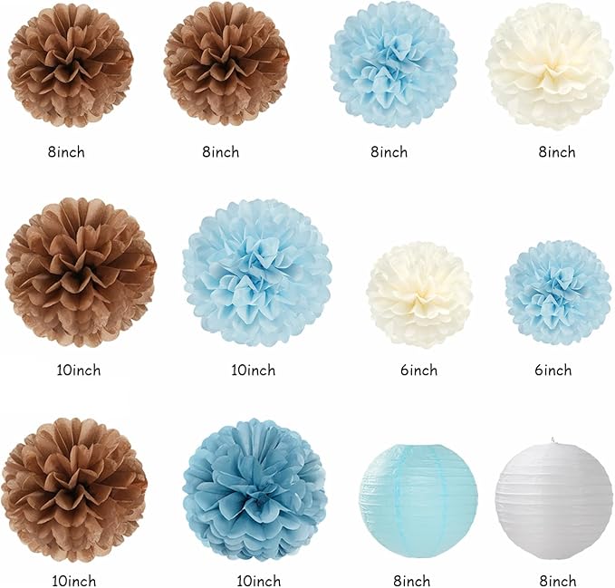 Dusty-Light Blue-Brown Baby Shower Party-Decorations - 22pcs Boys Welcome Baby Banner, White Paper Lanterns Streamers, Coffee Tissue Pom Poms Flowers Fans Decor Hugmoon