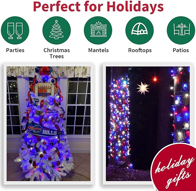 LAMPHOME Patriotic String Lights - Red White Blue Mini Lights with White Wire - 19.6Ft 100 Count UL Certified String Lights for Independence Day Patriotic Holidays Decoration (Red White & Blue)