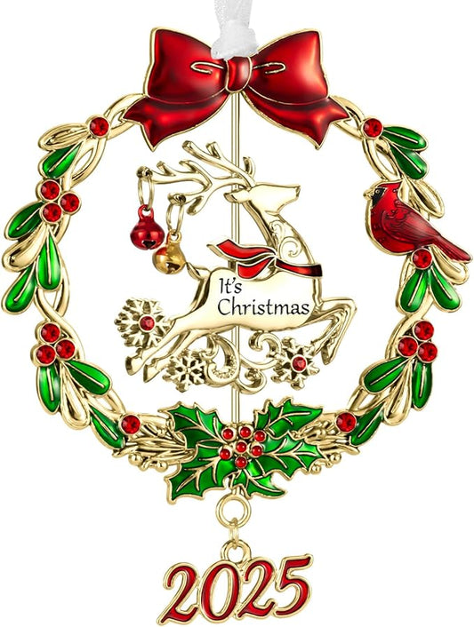 Christmas Tree Ornament Metal Silver Hanging Rotatable Design Charm Holiday Decorative Pendant Gift Keepsake (2025 Deer & Golden)