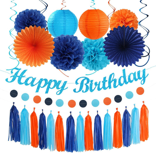 Royal-Navy Blue Orange Happy-Birthday Party-Decorations - 31pcs Men Boys Paper Lanterns Streamers Banner,Tissue Flowers Pom Poms Fans Tassels Garland Decor Backdrop Supplies Hugmoon