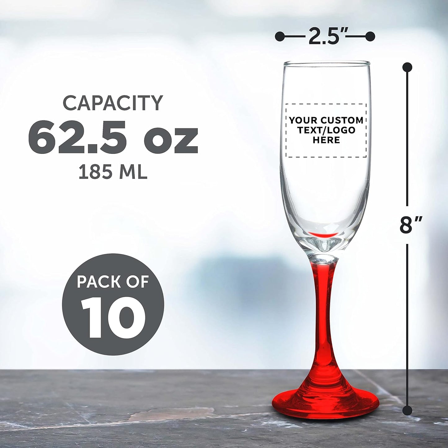 DISCOUNT PROMOS Custom Premiere Champagne Flutes 6.25 oz. Set of 10, Personalized Bulk Pack - Elegant Drinkware for Weddings, Events, & Promotional Gifts - Red