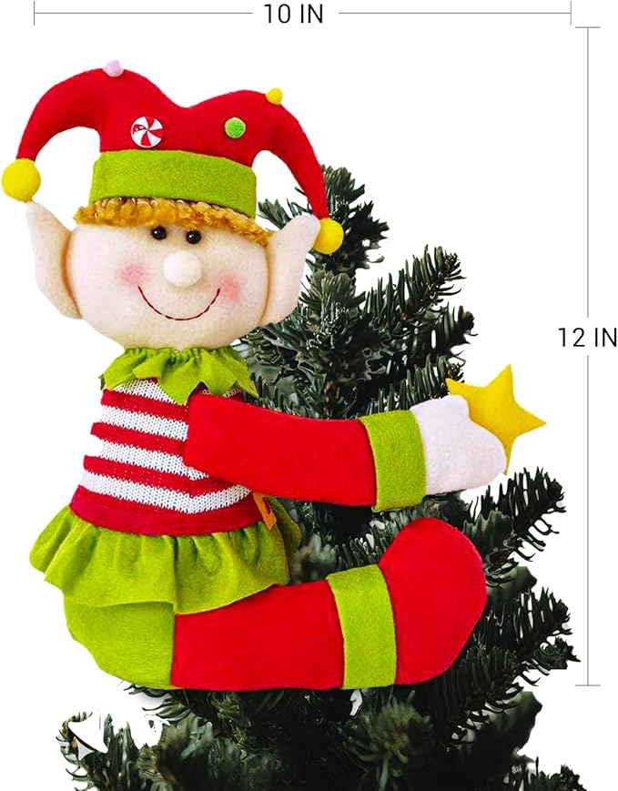 Elf Christmas Tree Topper with Mini Star, Unique Funny Plush Elf Decoration for Tree, Xmas Curtain Ornaments Wine Bottle Staircase Guardrail Decoration for Xmas New Year Holiday Birthday
