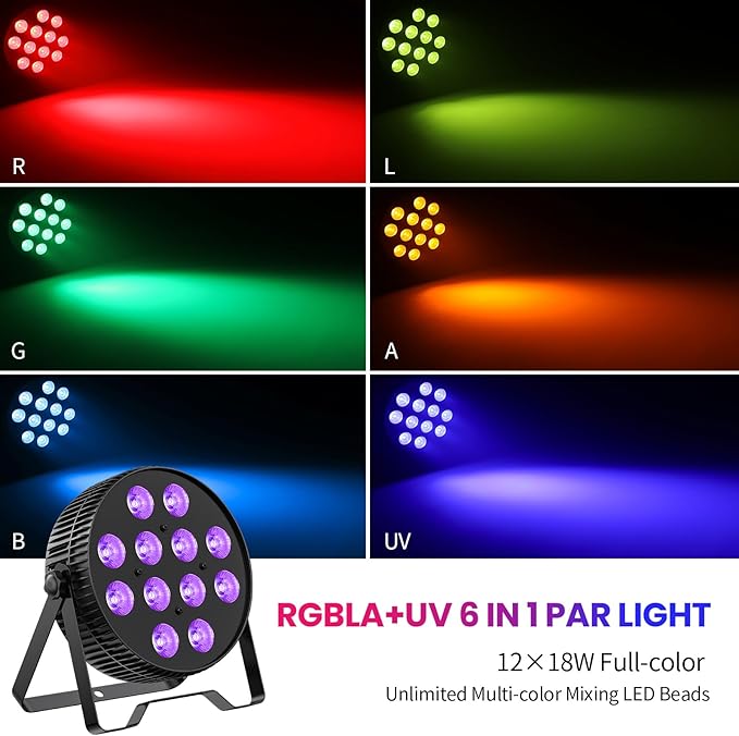 Betopper LED Stage Lights, 12X18W DJ Par Light, RGB+Lime+Amber+UV 6-in-1 Wash/Strobe Effect Stage Lighting, DMX512/Sound Activated Uplighting Lights for DJ, Parties, Concerts, Bars, 4-Pack