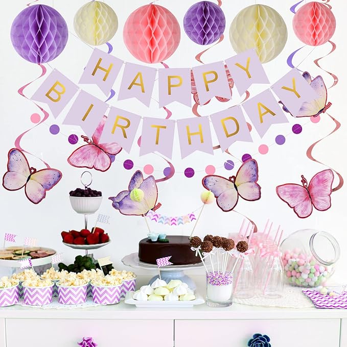 meowtastic Birthday Decorations, Happy Birthday Banner with Honeycomb Balls, Butterfly Hanging Swirl Streamers, Circle Dots Garland, Happy Birthday Party Decorations for Women Men Boys Girls (Purple)