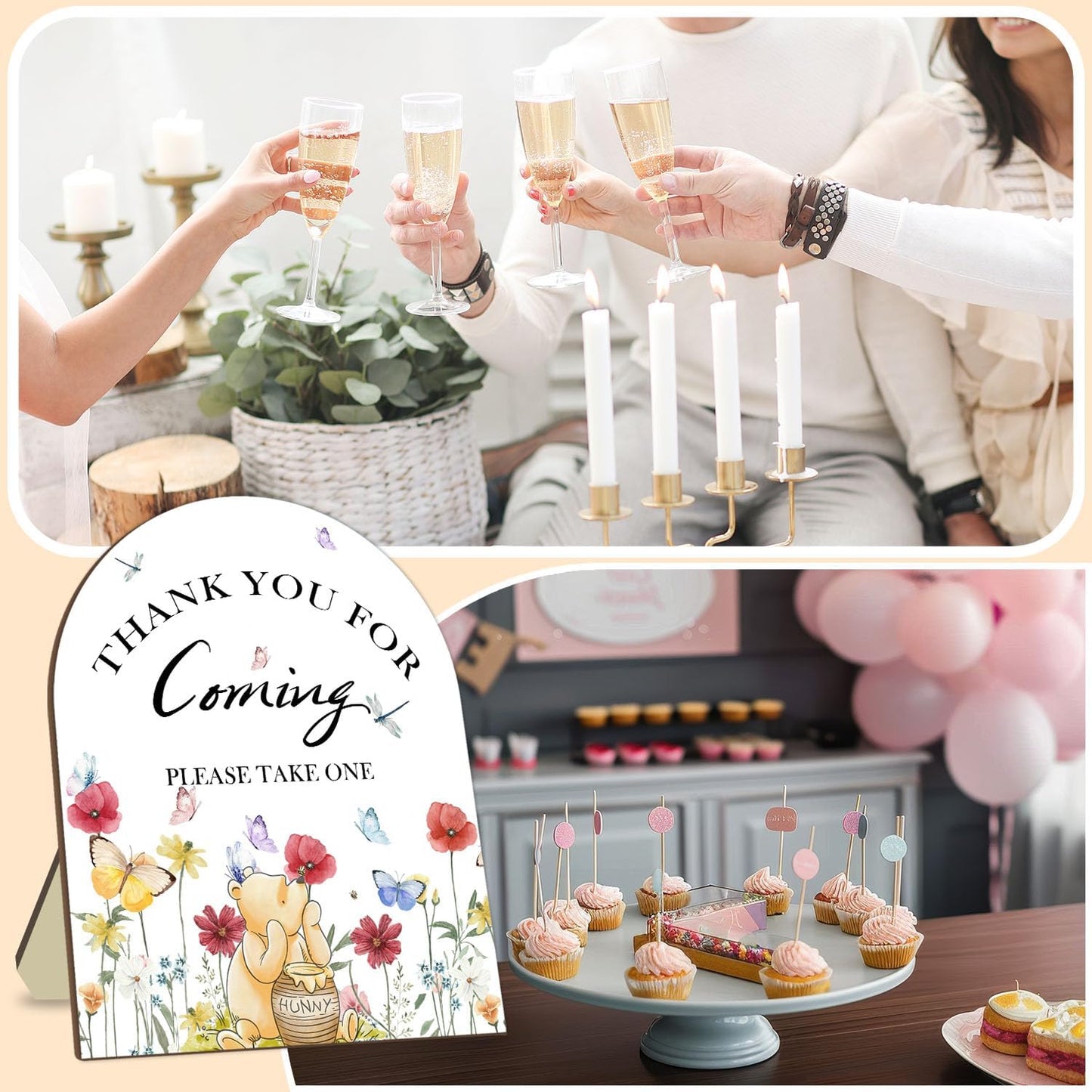 Winnie Bridal Shower Sign, Classic Pooh Thank You Wooden Sign for Women Men, Floral Butterfly Decor Wedding Shower Favors Sign, Bridal Shower Gifts for Guests, Thank You for Coming Please Take One Sign 9*11IN