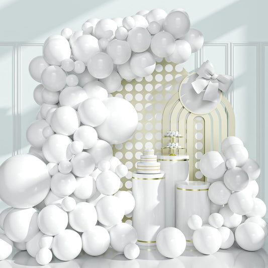 White Balloons Garland Kit, 130pcs White Balloons Different Sizes for Birthday, Baby Shower, Wedding Party Decoration
