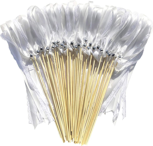 Kingsnow 50 Pack White Lace Ribbon Wands Wedding Streamers with Silver Bells, Silk Fairy Stick Wish Wands for Wedding Send off Party Activities Holiday Celebration