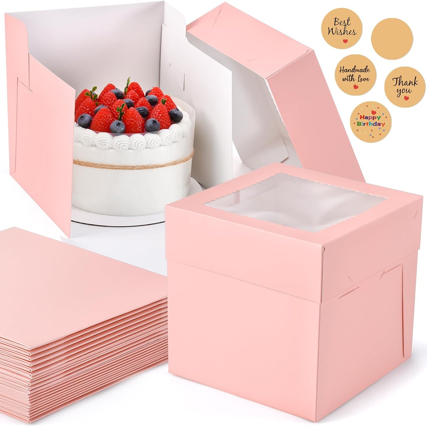 12Pcs 8x8x8 Inches Cake Boxes, Pink Square Bakery Boxes with Window, Disposable Cake Carrier Container for Pastries, Pie, Cookies, Chocolates, Cupcakes, Birthday Party, Wedding