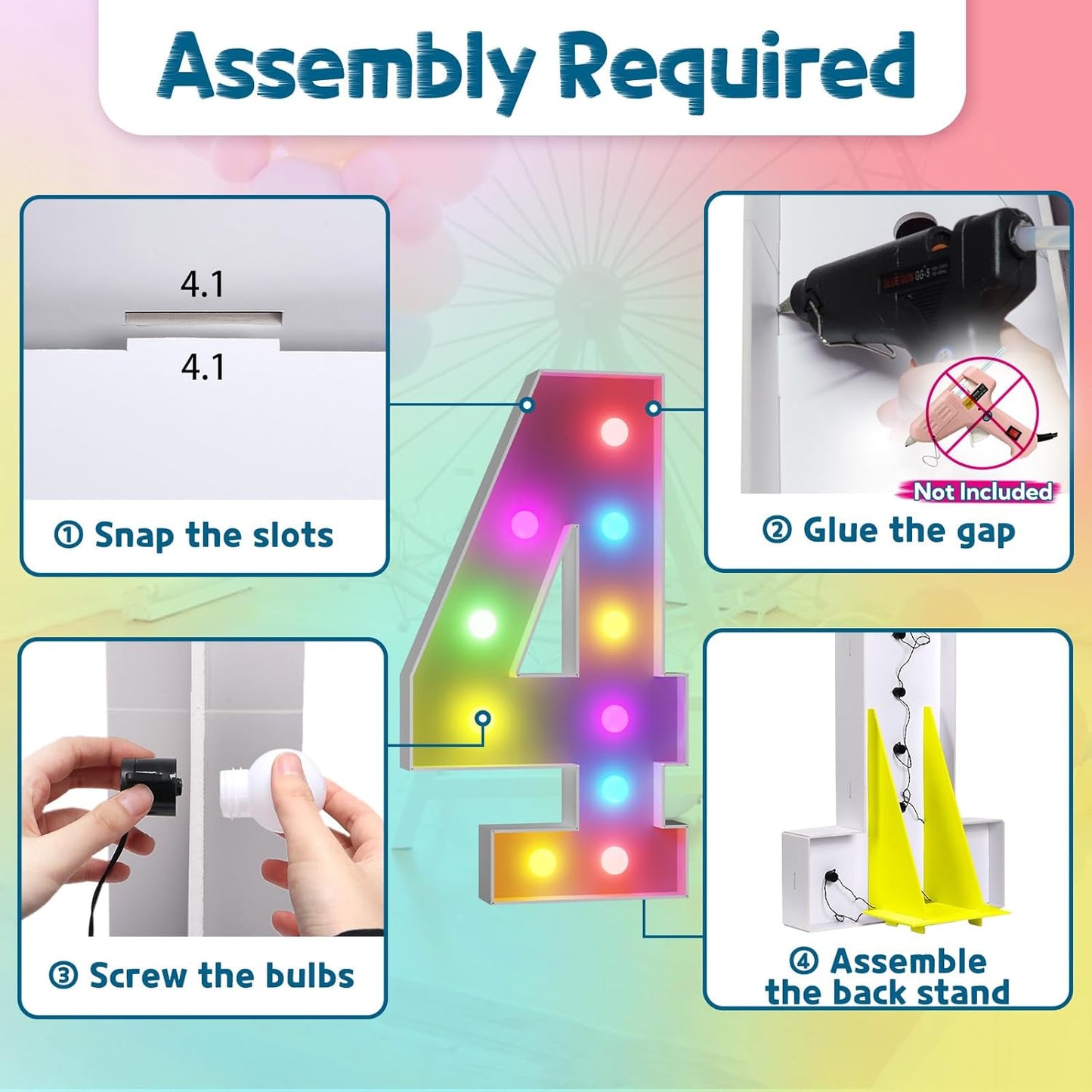 imprsv 4FT Colorful Marquee Numbers,18 Colors Number 4 with Remote, Light Up Numbers Sign for 4th 40th Birthday Decorations Anniversary Party Decor, Pre-Cut Foam Board Kit, Mosaic Numbers for Balloon