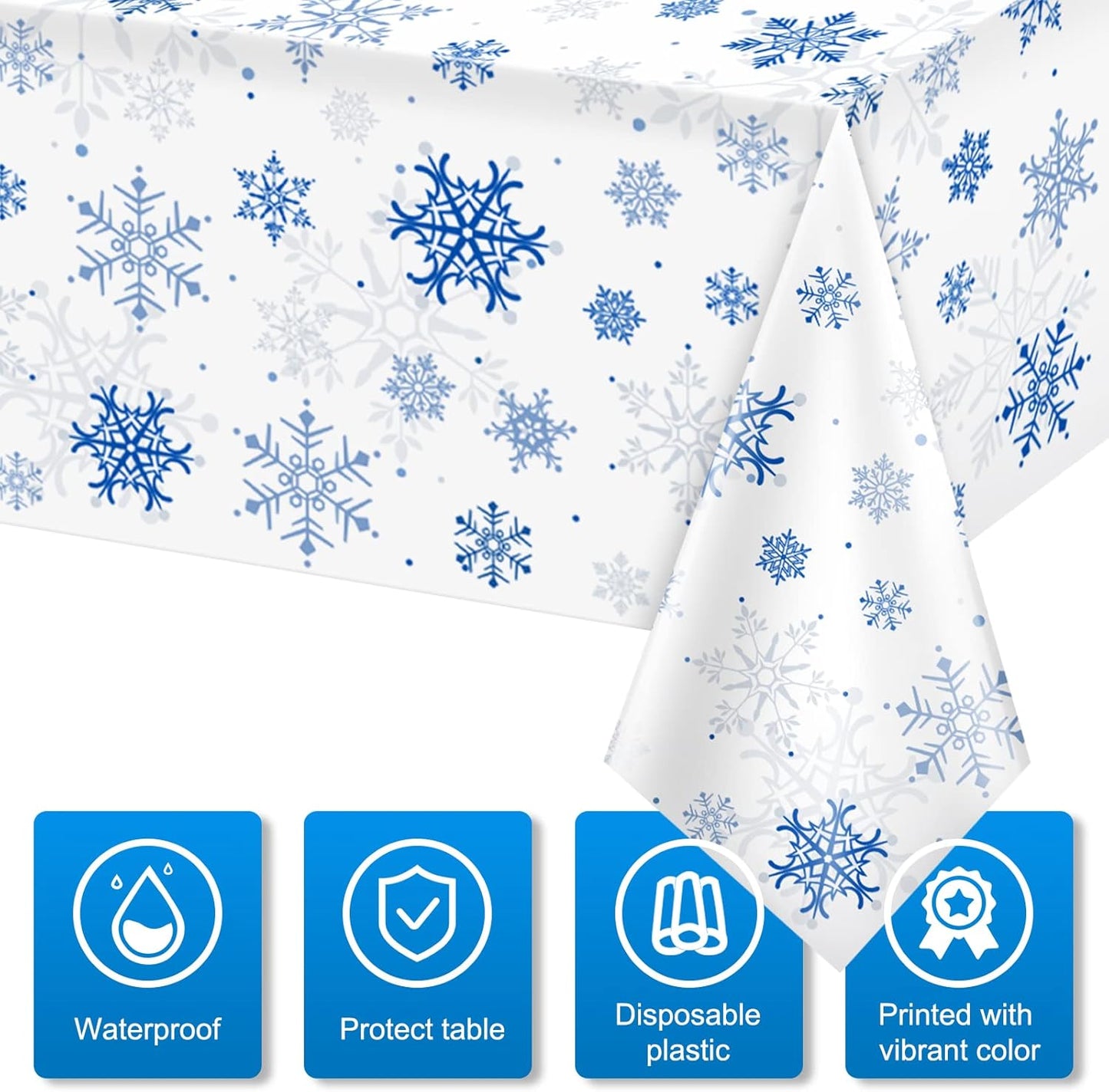 3 Pieces Snowflake Christmas Party Tablecloth Decorations,Plastic White Snowflake White Blue Xmas Backdrop Sign Table Cover Banner for Winter Christmas Holiday Party Supplies,54x108 inch（White/Blue）