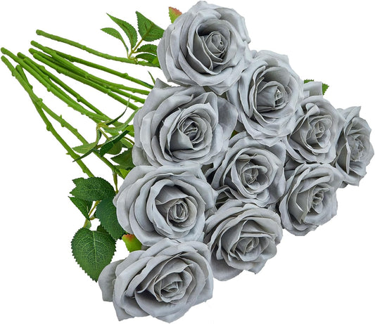 Artificial Rose 10pcs Open Flower Bouquet Faux Rose Stems for Wedding Arrangement, Bridal Bouquet, Centerpiece, Fake Faux Silk Flowers (Grey)