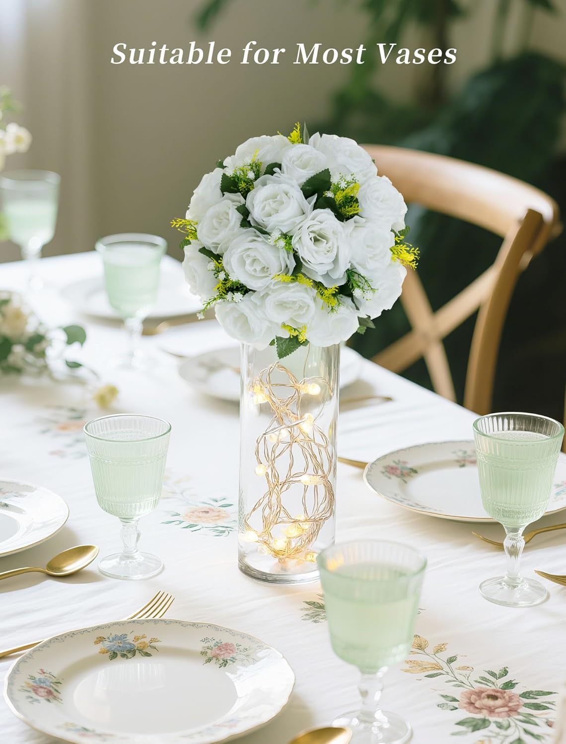 BLOSMON White Fake Flowers Centerpieces: 6 Pcs Artificial Roses Flower Ball for Wedding Dinning Table - Faux Silk Kissing Bouquet Floral Arrangement for Home Party Event Decor