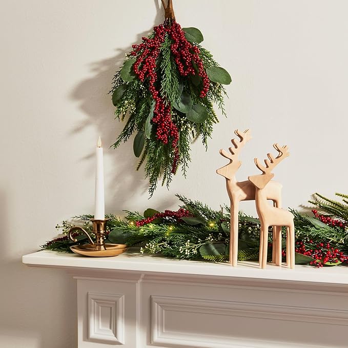 LampLust Lighted Garland with Lights Battery Operated, 6 Ft Red Berry & Eucalyptus,100 LED with Timer, Greenery Garland for Mantle All Year Round