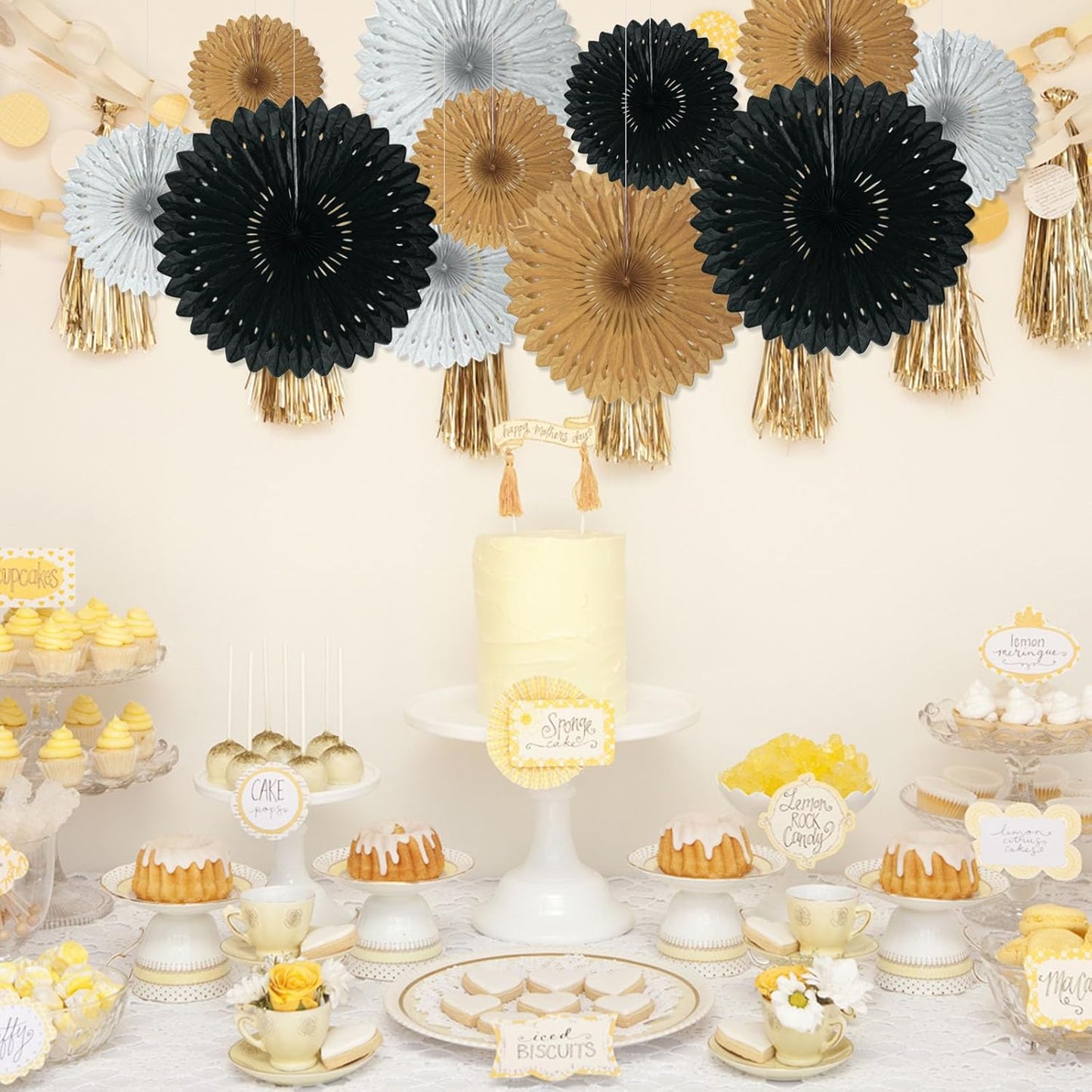 18 Pcs Black Gary Gold Hanging Paper Fan, Hanging Honeycomb Round Paper Fans for Weddings, Birthdays, Christmas, Baby Showers, Classroom, Events Ceiling Party Supplies Decorations
