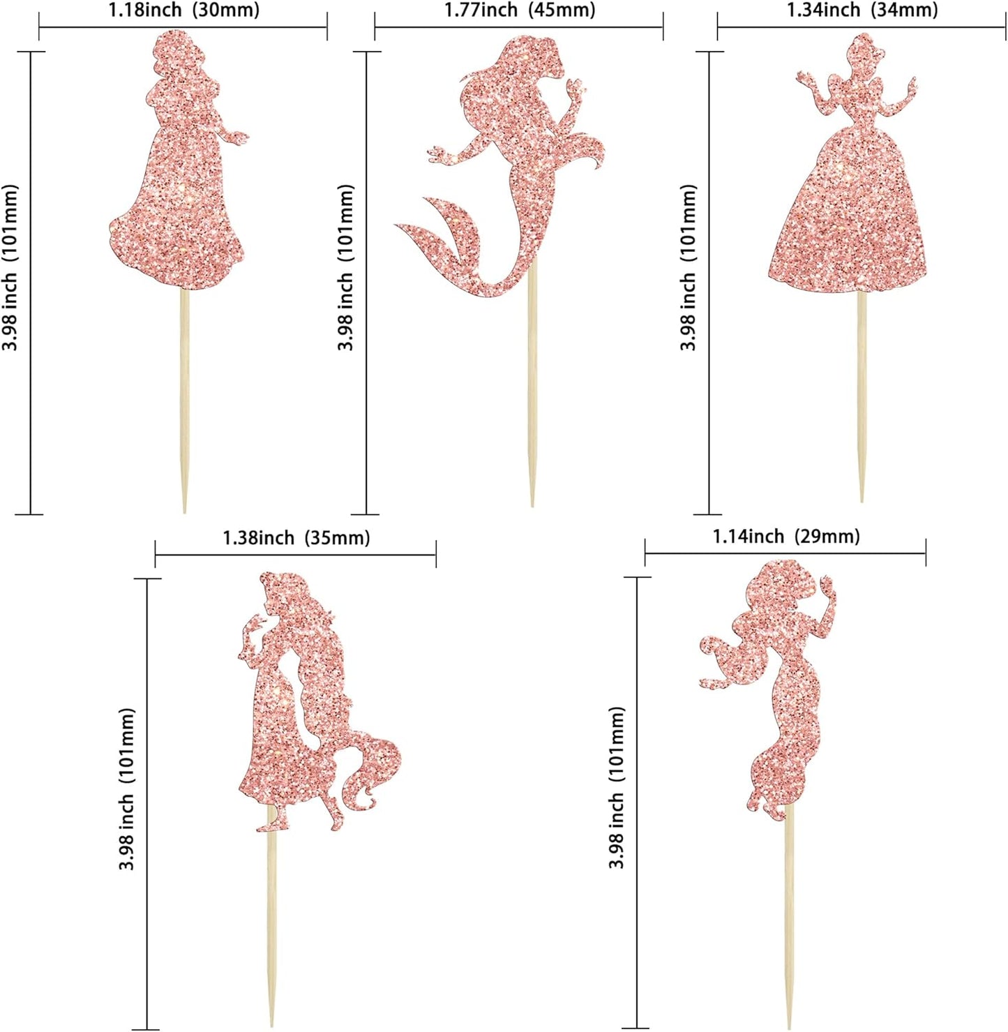 Gyufise 36Pcs Princess Cupcake Toppers Glitter Mermaid Girl Castle High Heel Crown Cupcake Picks Princess Theme Baby Shower Girls Birthday Party Cake Decorations Rose Gold