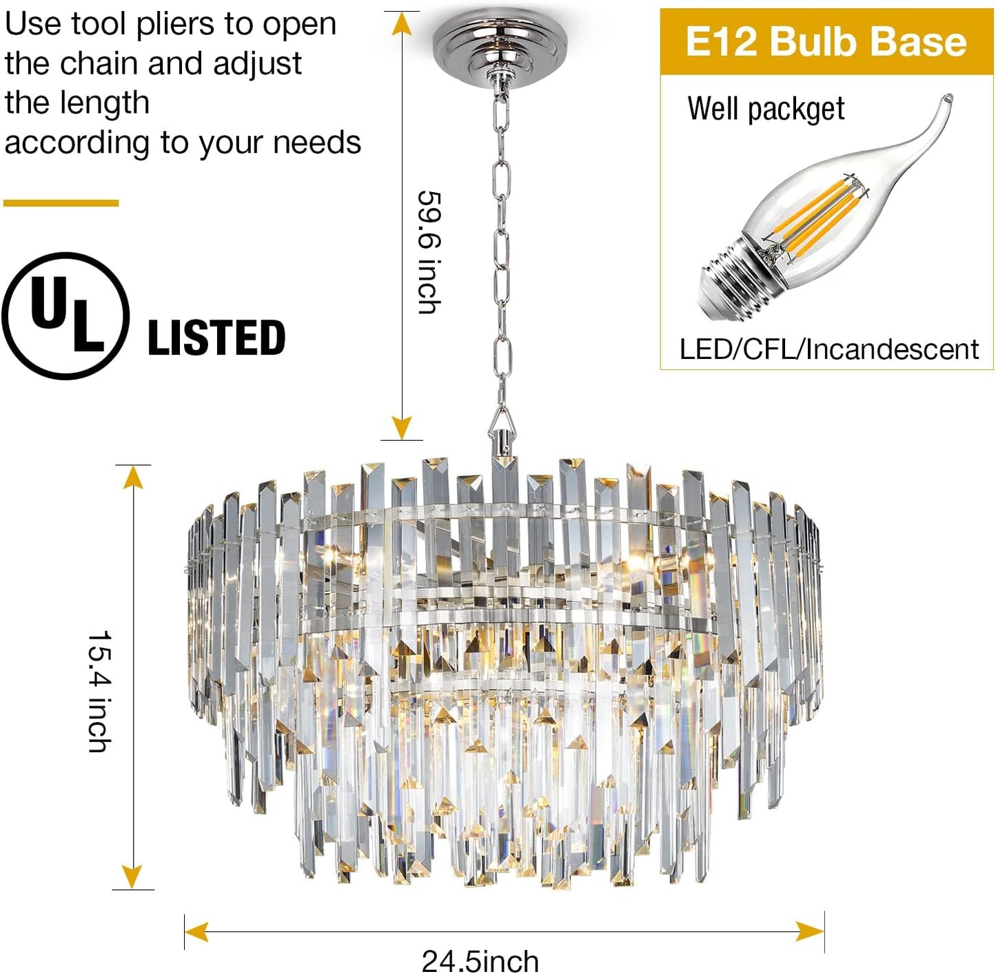 Crystal Chandelier Lighting 24'' Chrome for Dining Rooms Bedroom Foyer Entryway Ceiling Hanging Pendant Chandelier Light Fixture Lamp