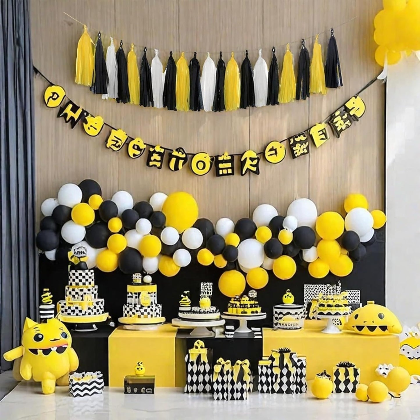 Yellow White and Black Tassel Garland Banner Paper Tassels for Party Decorations,Pack of 15