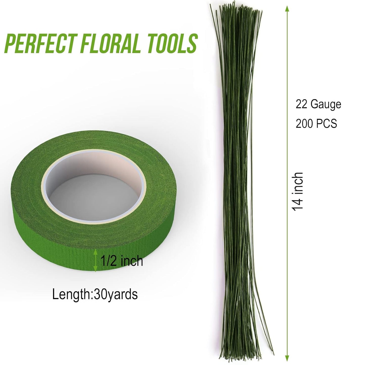 GLAMFIELDS 200 Pieces Green Floral Stem Wire 14 inch 22 Gauge Wire and 3 Rolls 1/2" Wide Floral Tape (30Yard/roll) for Bouquet Stem Wrap, Flower Arrangements Kit, DIY Crafts, Flower Making Supplies