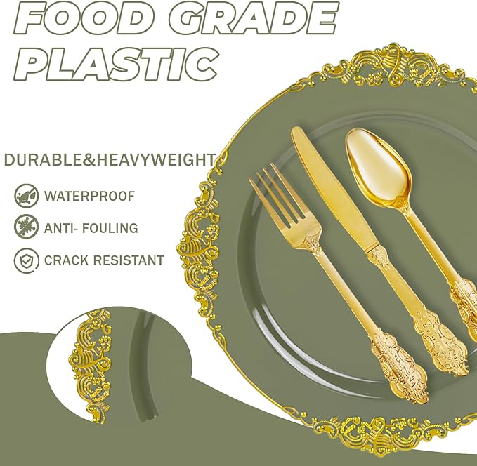 125PCS Olive Green Plastic Plates - Green and Gold Disposable Plates - Vintage Plate with Gold Plastic Silverware Sets for 25 Guests for Wedding & Party